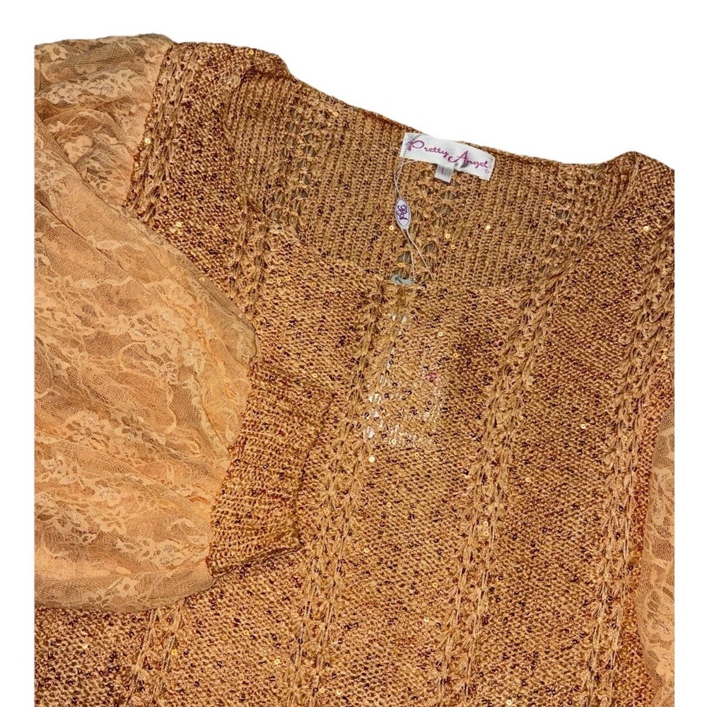 Pretty Angel Top Women's L Orange Knit Linen Blend Puff Lace Sleeve Sequins NEW